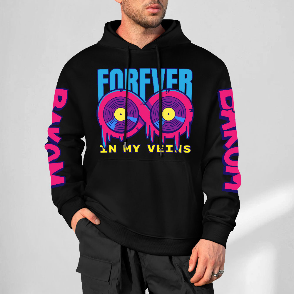 Black cotton hoodie with 'FOREVER 99' donut graphic, DAKUM and CRASH sleeve prints, youth fashion.