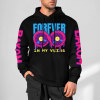 Black cotton hoodie with 'FOREVER 99' donut graphic, DAKUM and CRASH sleeve prints, youth fashion.