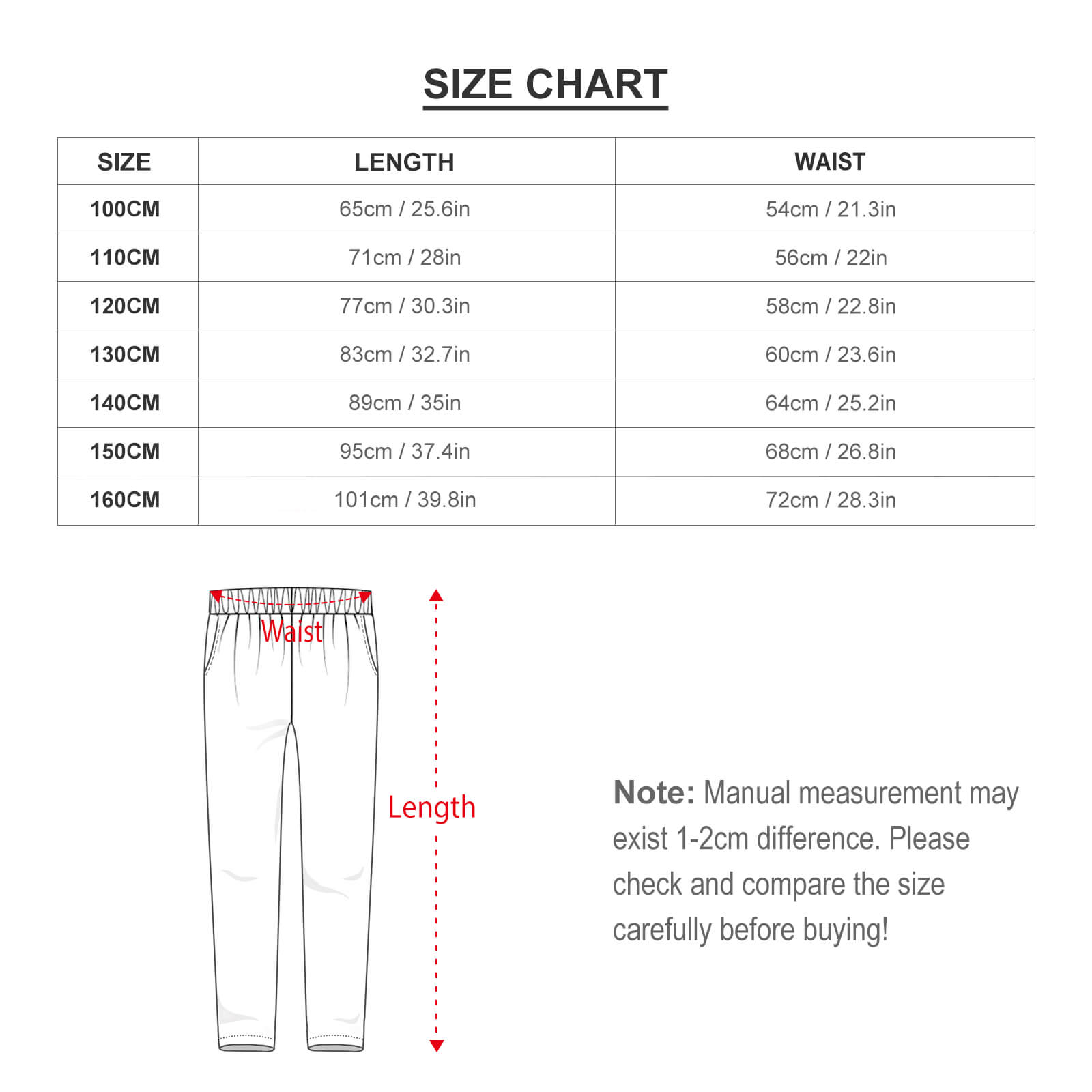 Boy's Pajama suit size chart with measurements, including length, bust, sleeve, and pant length in cm and inches.