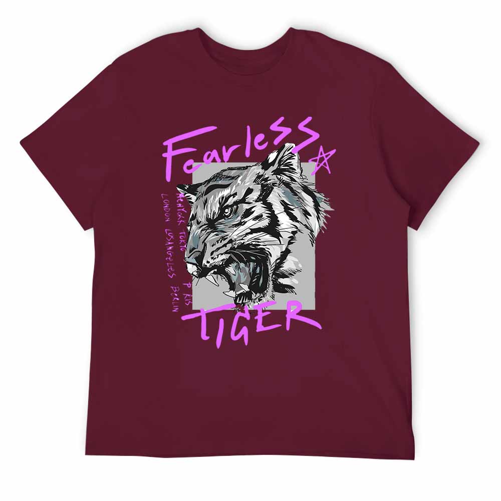 Maroon 100% cotton men's Fearless Tiger graphic tee, front view.