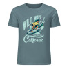 Green pure cotton short-sleeved T-shirt with surfing print, 'Wild Wave California' graphic, summer fashion.