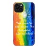 Rainbow iPhone 15 case with inspirational quote, glass + TPU material