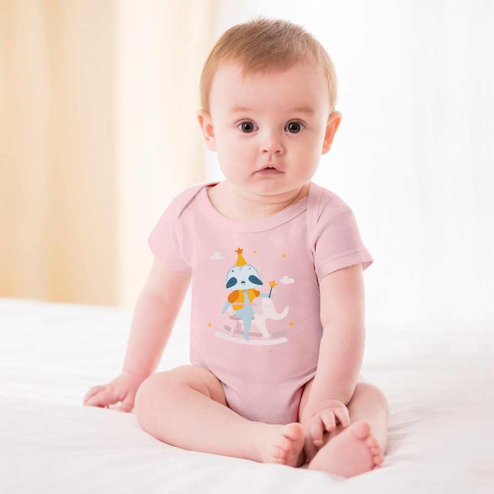 Pink cotton short-sleeve baby bodysuit with cartoon design, perfect for 3-24 months.