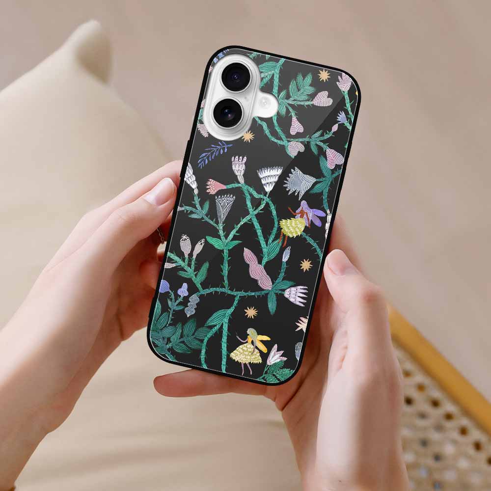 iPhone 16 series glass case with floral design, anti-scratch and drop protection.