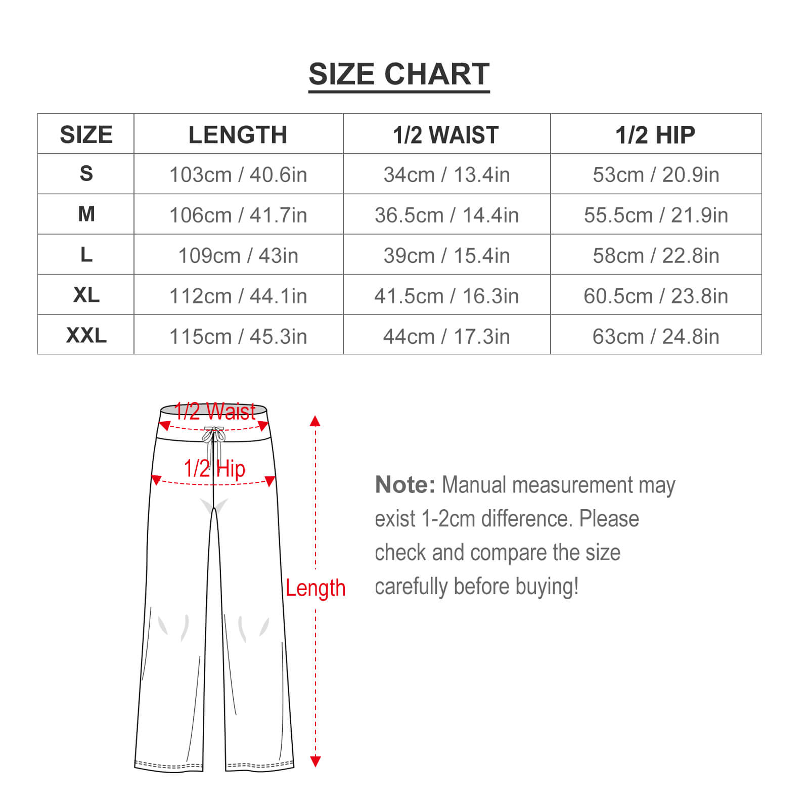 Women's wide leg pants size chart, including length, waist, and hip measurements.