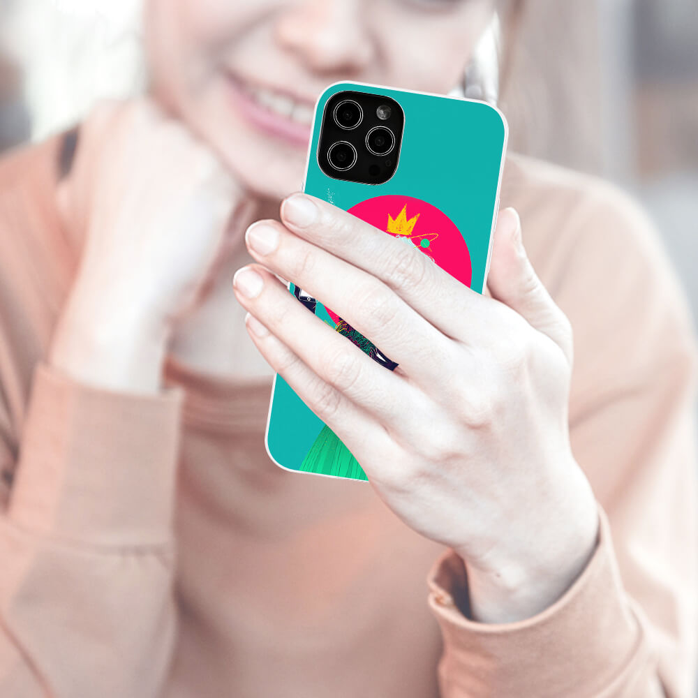 Woman holding iPhone 12 Pro Max with turquoise case, featuring a unique design, Inkedjoy protection.