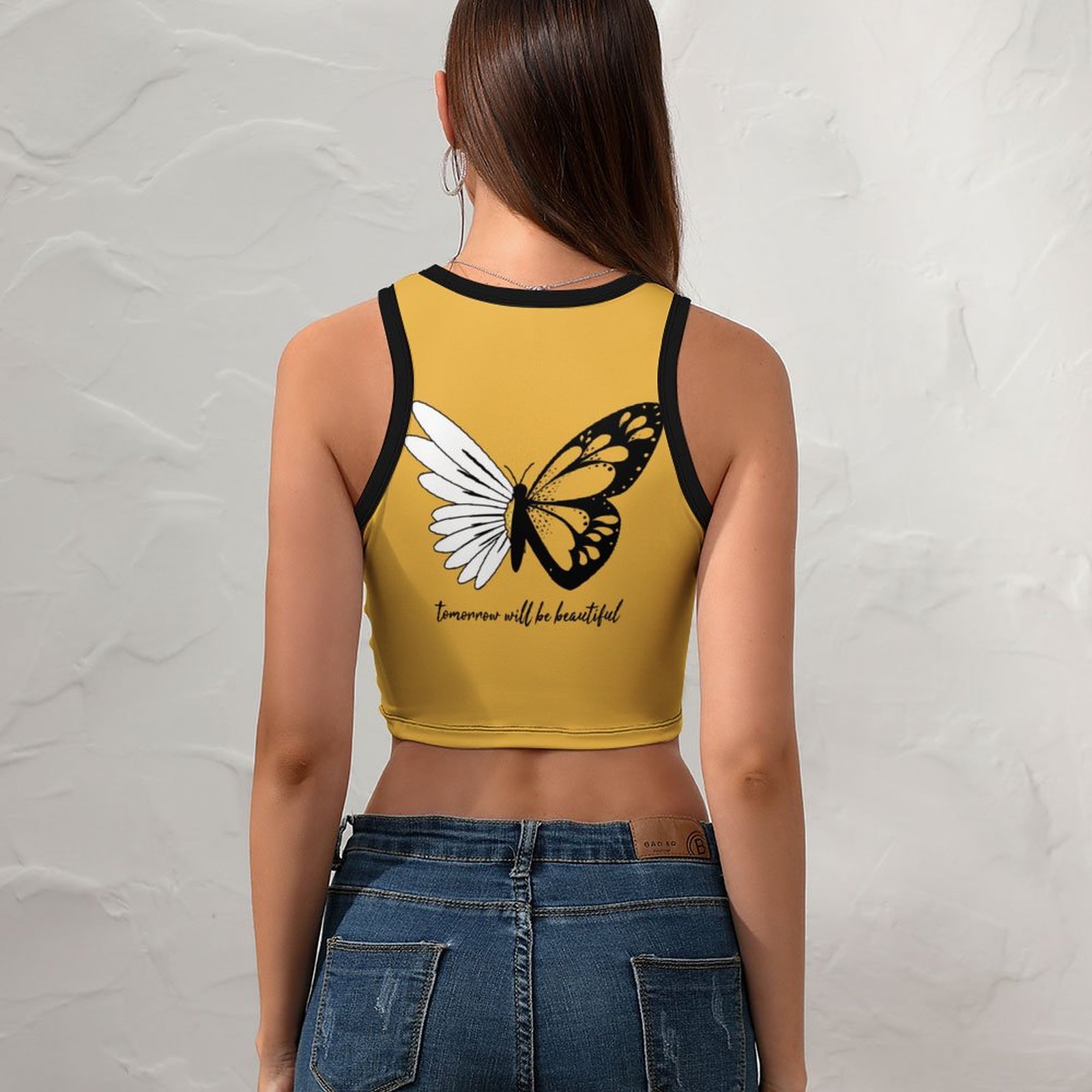 Yellow cropped racerback tank top with butterfly graphic and Inkedjoy text, perfect for summer. Racerback style, Inkedjoy