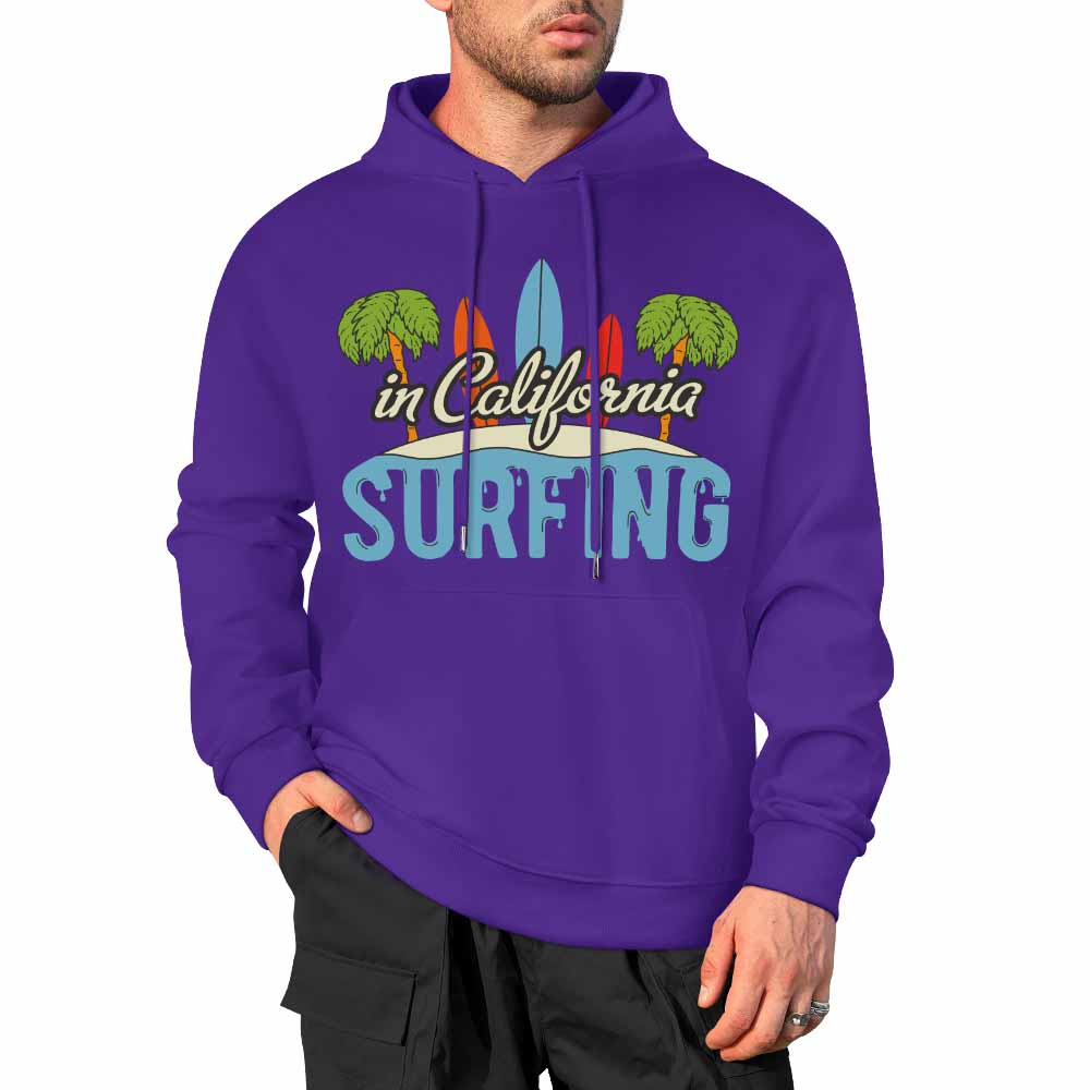 Purple cotton California Surfing hoodie for men, loose fit, suitable for daily wear.
