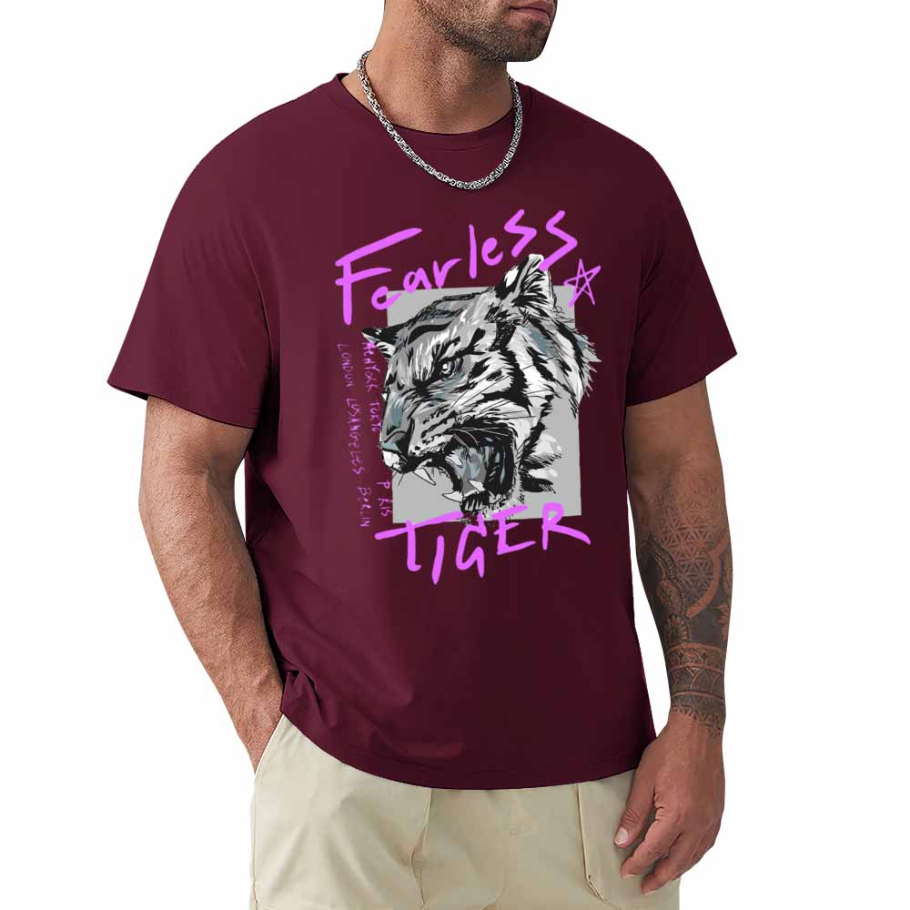 Men's dark red 100% cotton 'Fearless Tiger' graphic tee, front view