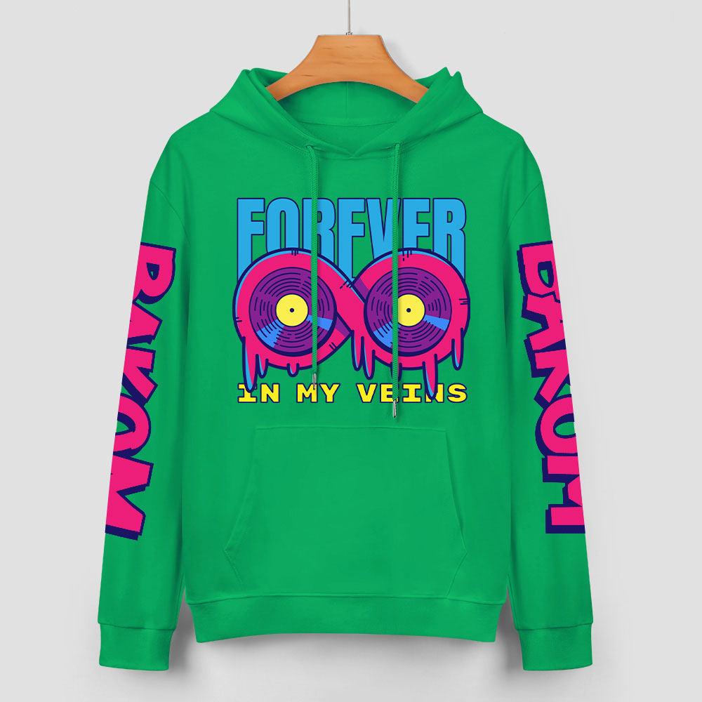 Green cotton hoodie with 'FOREVER' donut graphic and DAKUM and CRASUM sleeve prints, youth fashion style.