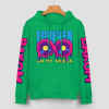Green cotton hoodie with 'FOREVER' donut graphic and DAKUM and CRASUM sleeve prints, youth fashion style.