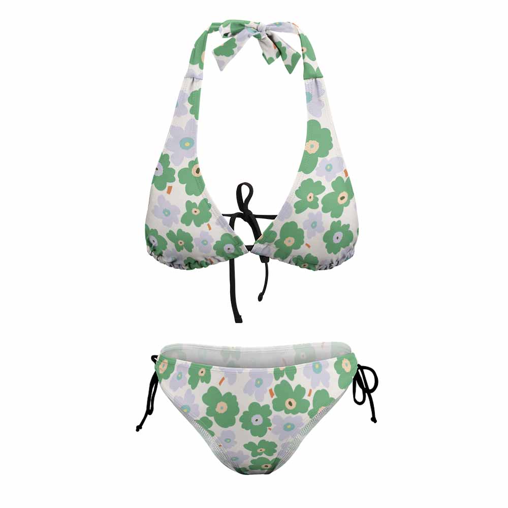 Plus size floral bikini swimsuit with halter top and adjustable ties