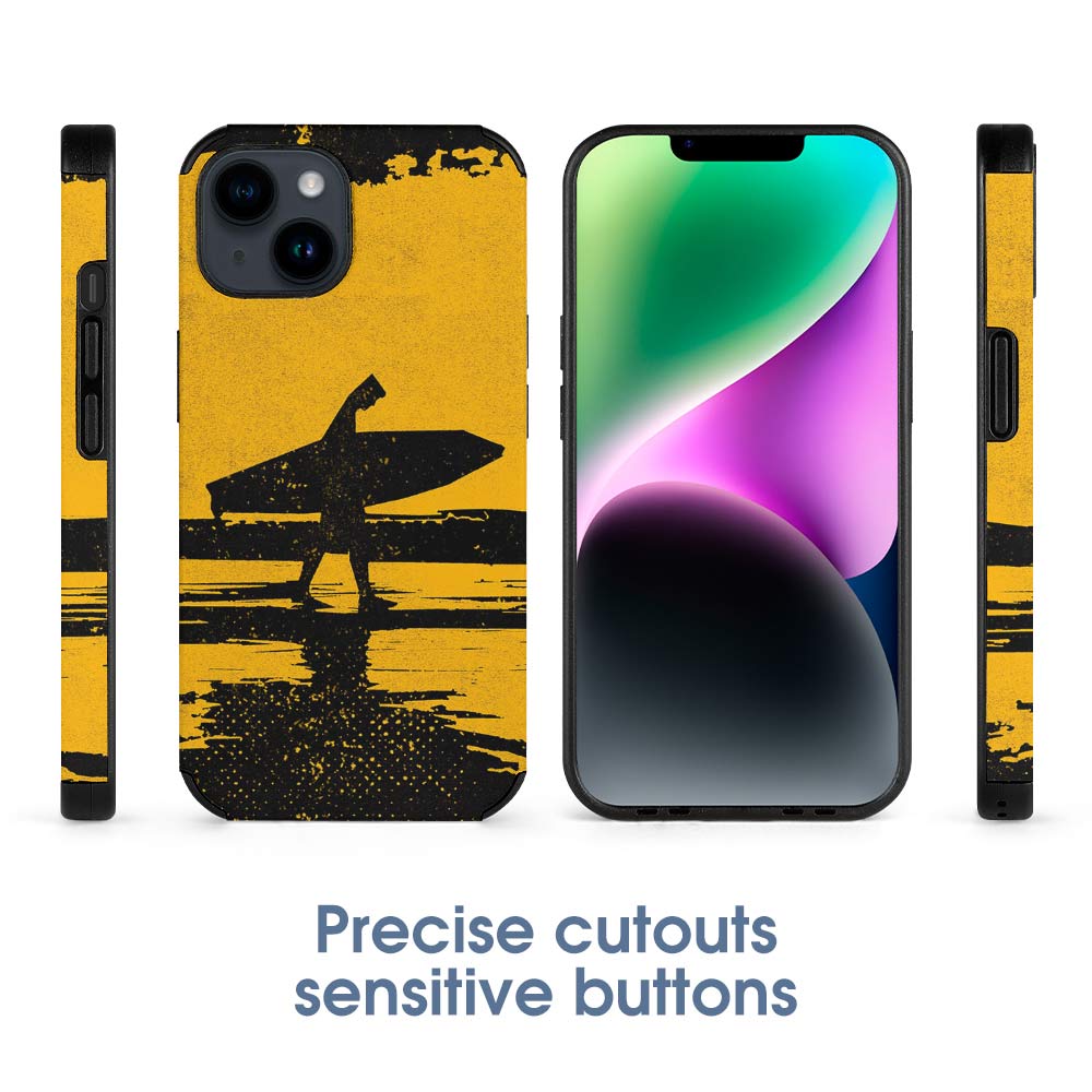 iPhone 14 fiber skin case with surfer silhouette and yellow sunset background