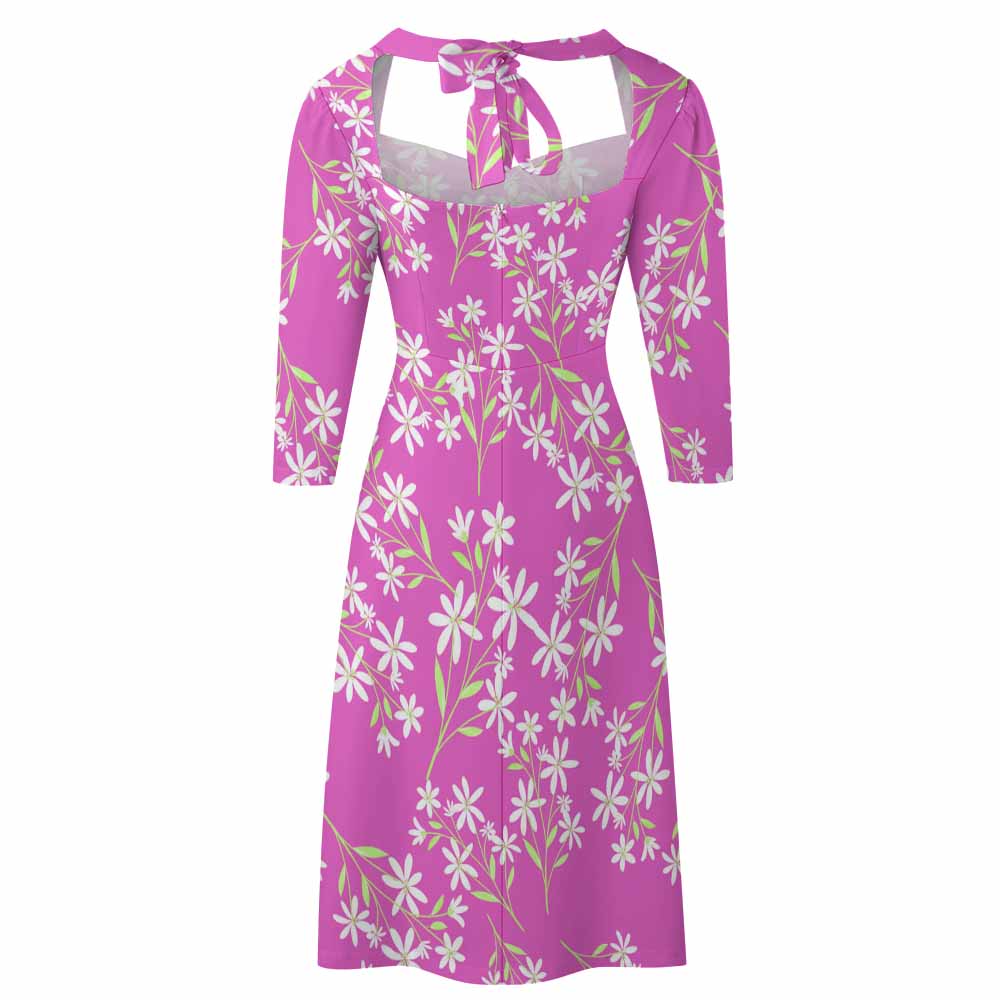 Pink floral sweetheart knot flare dress with mid-length sleeves, perfect for parties and vacation.