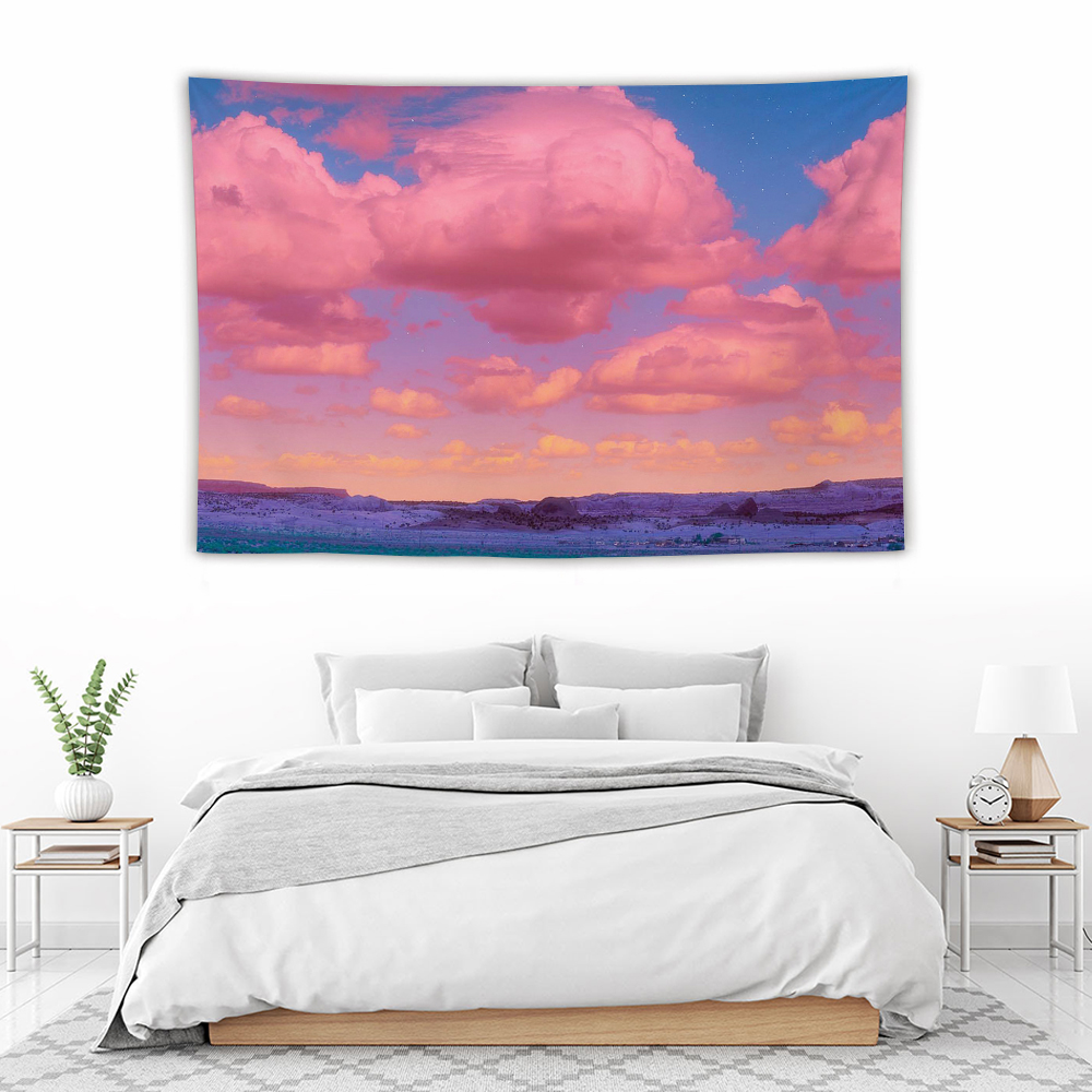 Pink cloud wall tapestry, polyester fabric, room decor with sunset design, soft and durable.