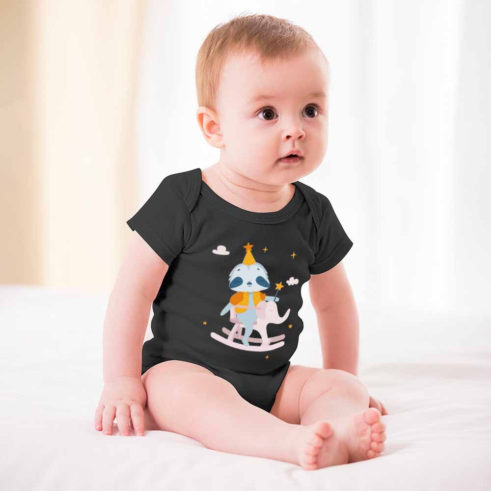 Black cotton baby bodysuit with cartoon design, perfect for babies aged 3-24 months.