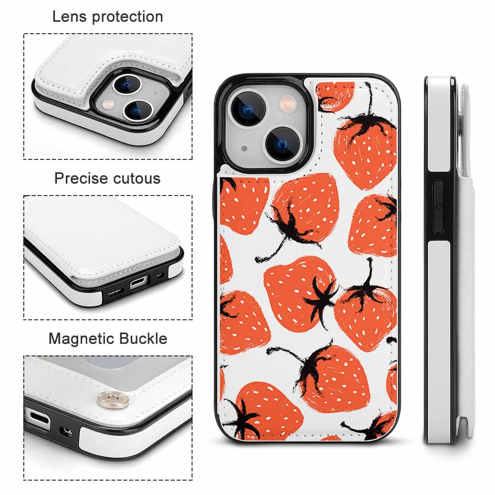 iPhone 13 case with strawberry print, card slot, and magnetic buckle.