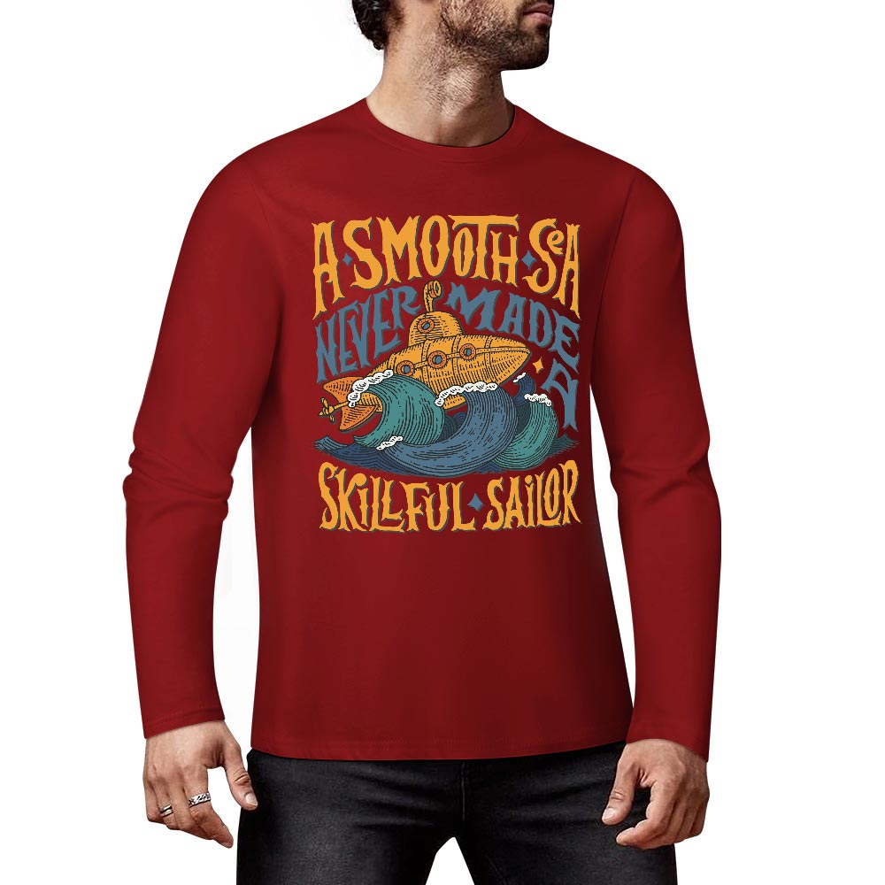 Red pure cotton long sleeve T-shirt featuring ASMODUS Skull San graphic, casual wear.