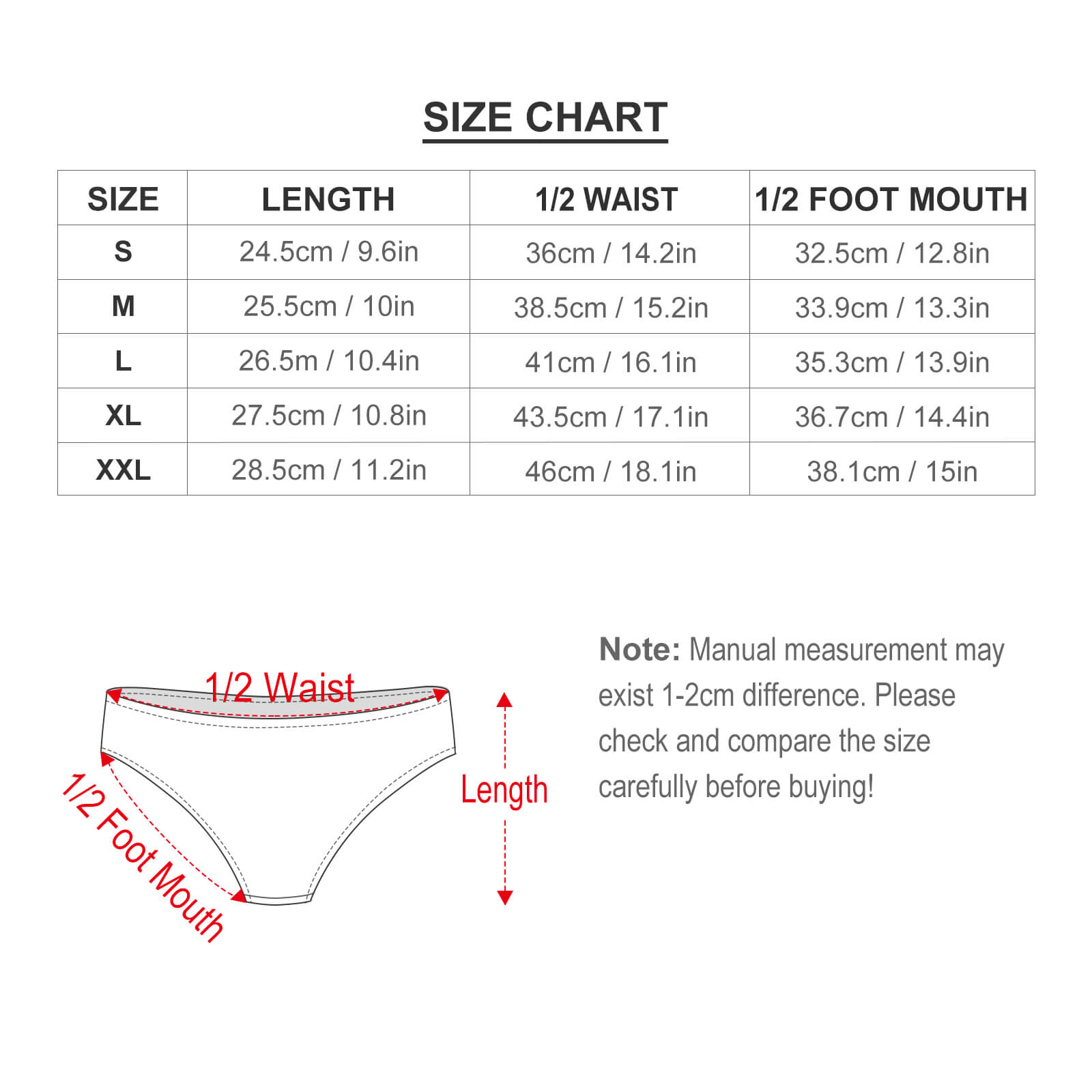 Women's thong panties size chart with measurements in cm and inches, illustrated diagram.