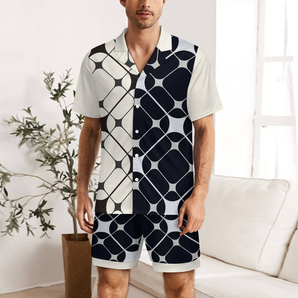 Men's ice silk pajama set, geometric print in black and white. Comfortable V-neck short-sleeved top and shorts for sleep.