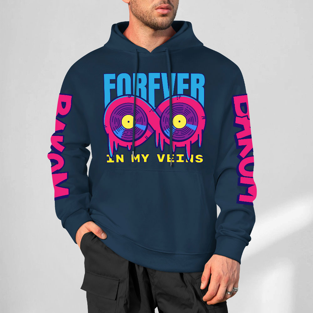 Navy blue 'FOREVER 99' donut graphic hoodie with DAKUM and CHRONM sleeve prints, cotton