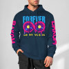Navy blue 'FOREVER 99' donut graphic hoodie with DAKUM and CHRONM sleeve prints, cotton