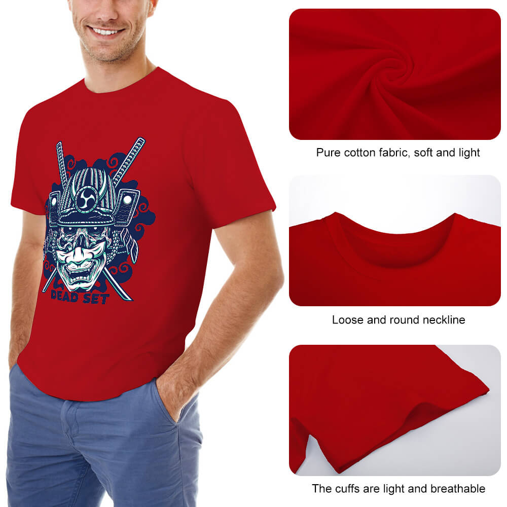 Red cotton men's samurai skull T-shirt. Perfect for events and leisure, 100% cotton.