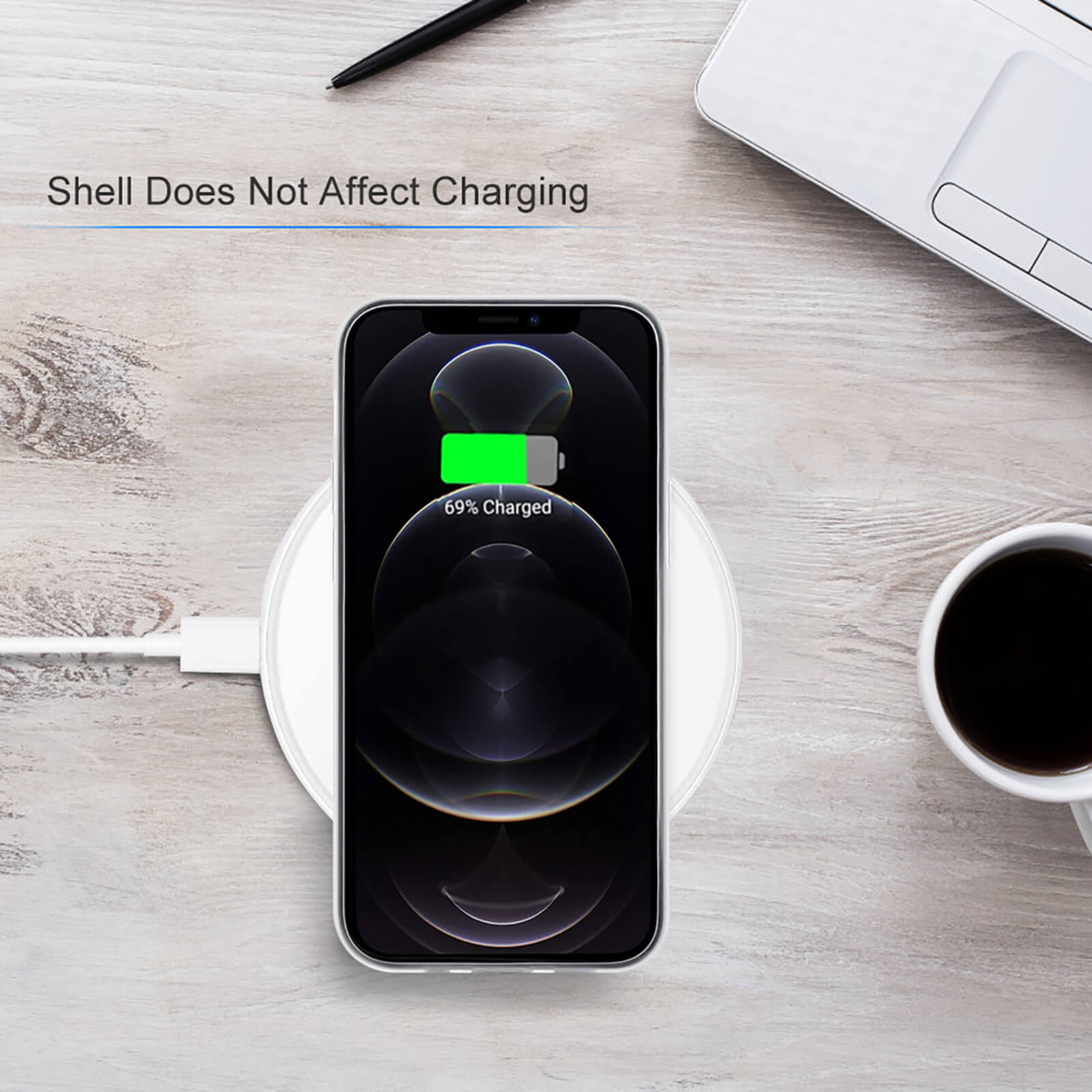 iPhone 12 series phone on wireless charger, supporting wireless charging, Inkedjoy.
