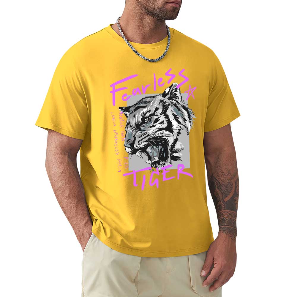 Yellow cotton men's 'Fearless Tiger' graphic T-shirt, front and back print,collection