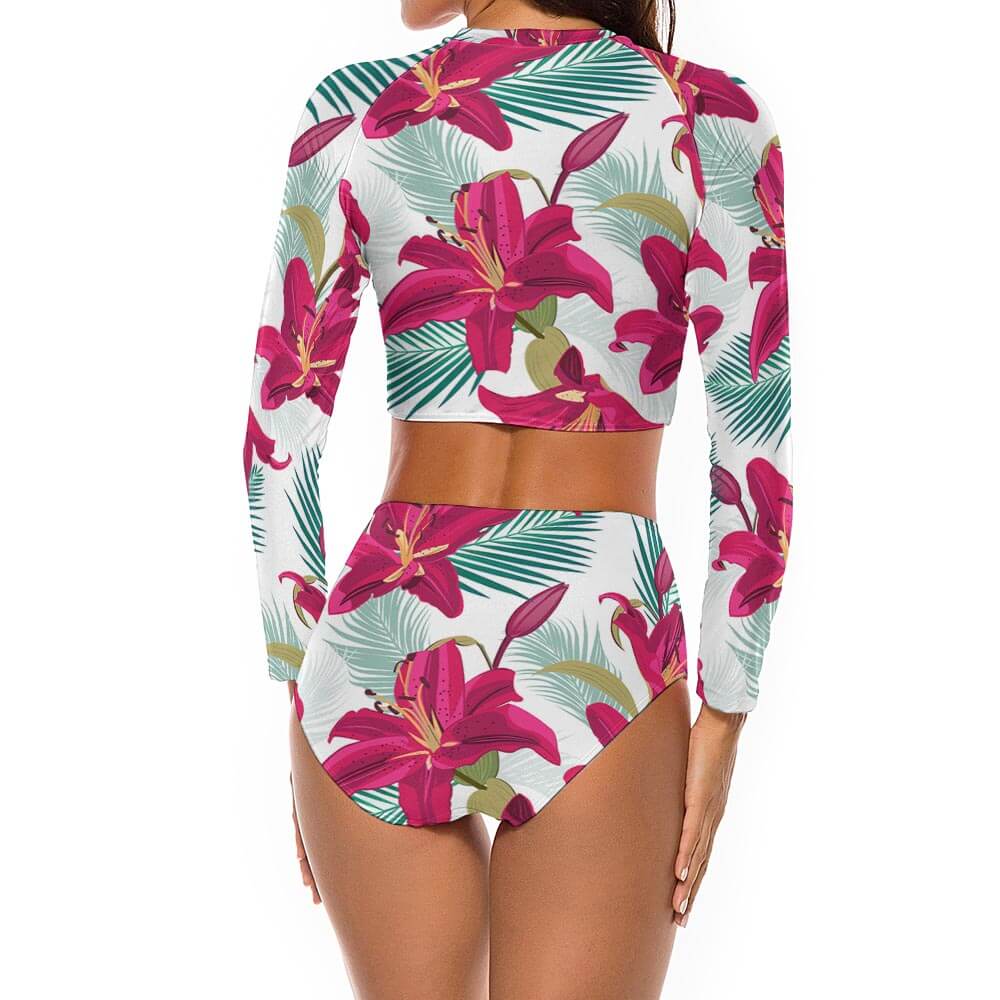 Long sleeve floral bikini swimsuit for ladies, offering sun protection and stylish design.