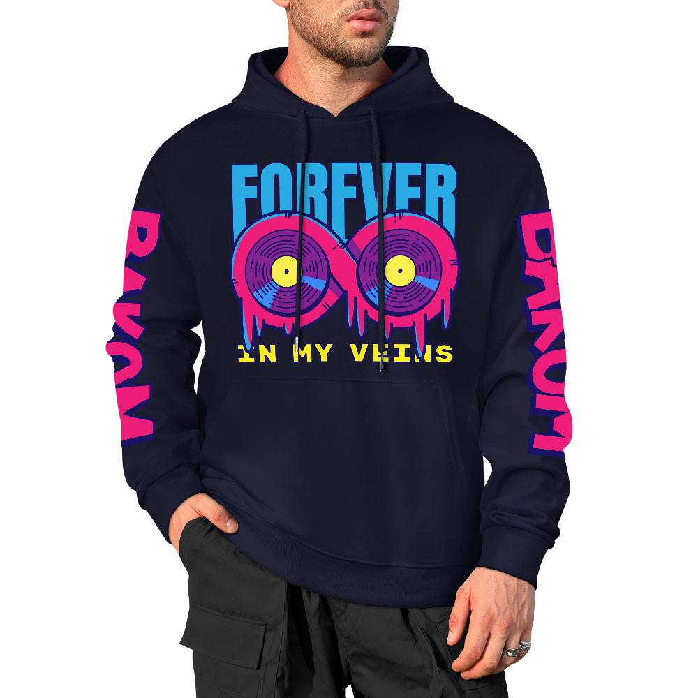 Navy blue 'FOREVER 99' hooded sweater with donut graphic and sleeve prints, fashion style.