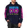 Navy blue 'FOREVER 99' hooded sweater with donut graphic and sleeve prints, fashion style.