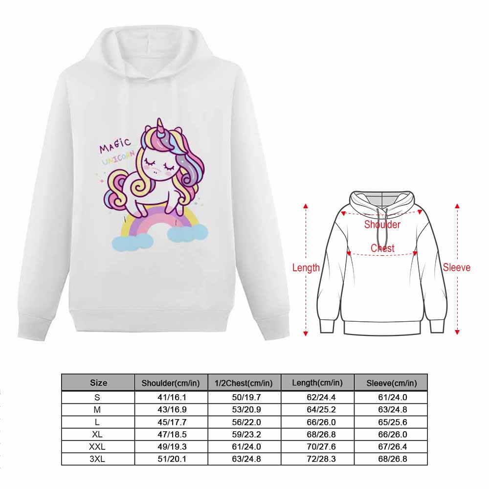 White unicorn hoodie sweatshirt, cotton blend, with size chart and design details for women.
