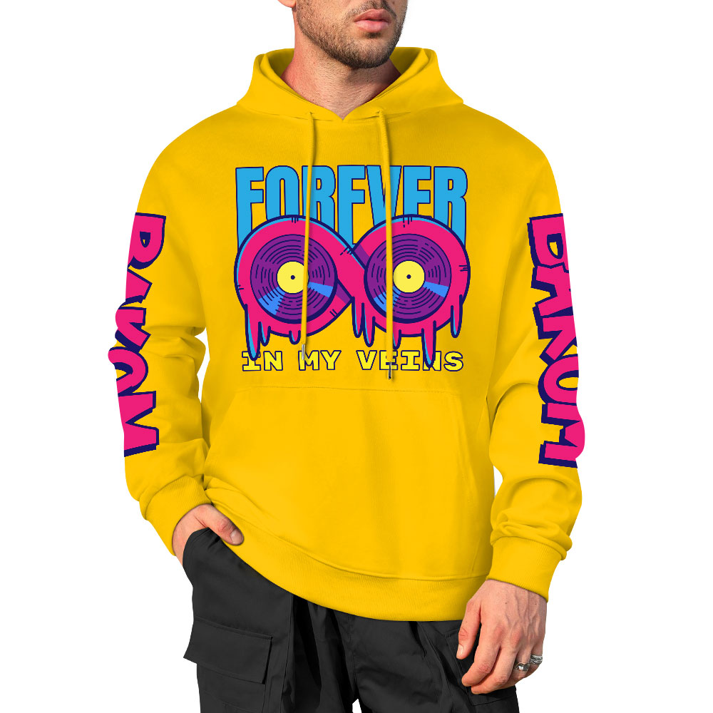 Yellow cotton 'FOREVER 99' hooded sweater with donut graphic and sleeve prints, youth fashion style.