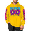 Yellow cotton 'FOREVER 99' hooded sweater with donut graphic and sleeve prints, youth fashion style.