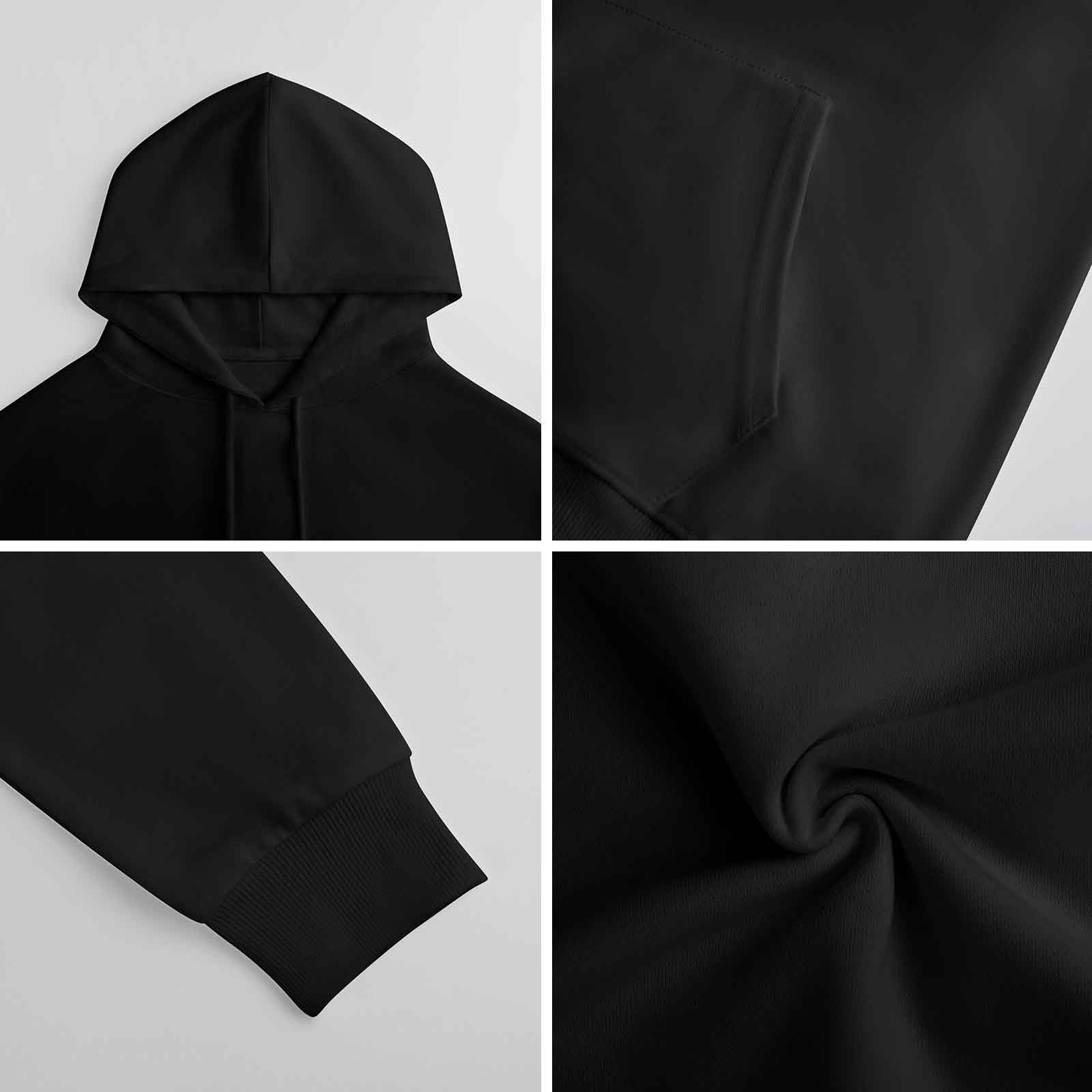 Black pure cotton hooded sweater detail: hood, sleeve, and fabric texture, youth fashion.