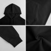 Black pure cotton hooded sweater detail: hood, sleeve, and fabric texture, youth fashion.