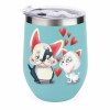 Stainless steel insulated cup with cartoon cat and penguin design, teal color, featuring hearts and spill-proof lid, Inkedjoy