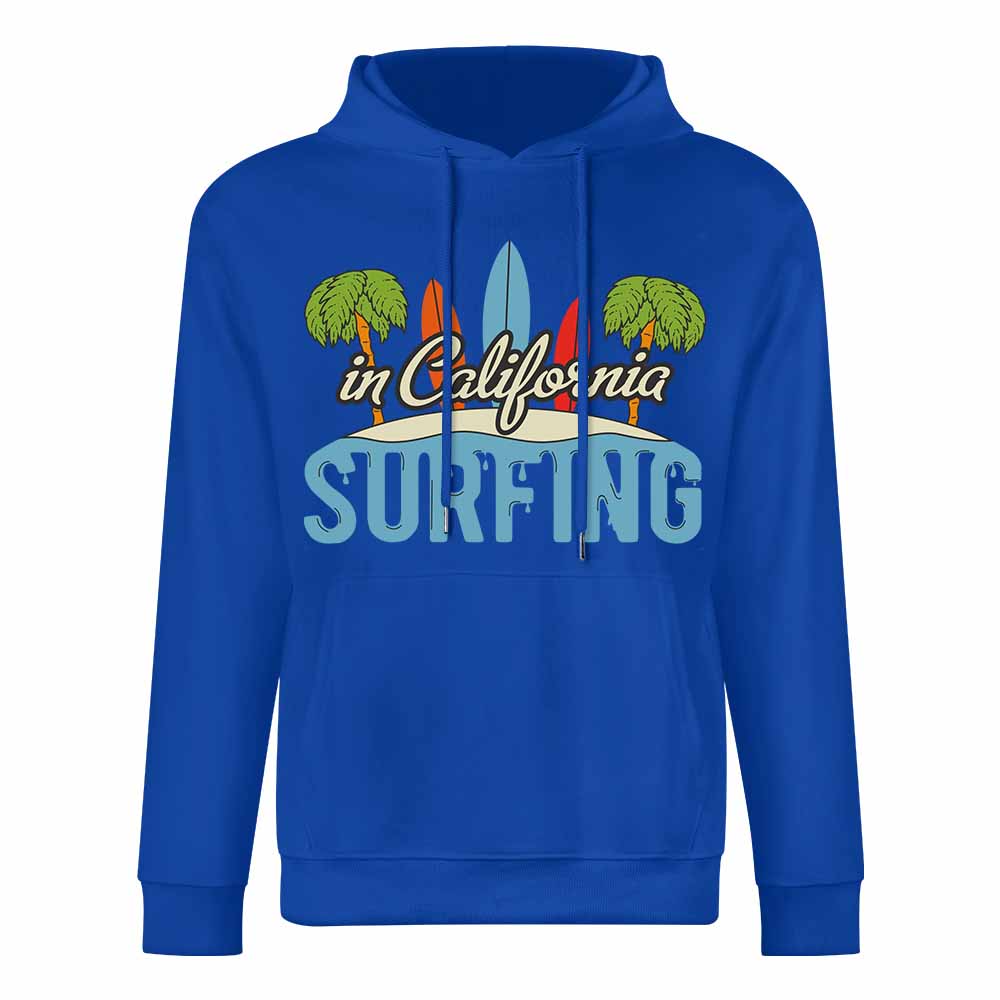 Royal blue California Surfing hoodie, cotton blend, loose fit, for daily wear.