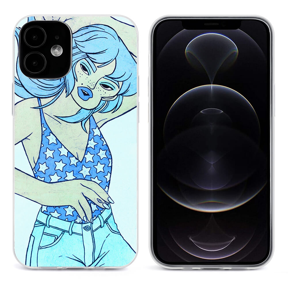 iPhone 12 Series case with cartoon woman design, blue color, for phone protection.