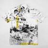 Retro print short-sleeved shirt in white with yellow accents, 100% polyester.