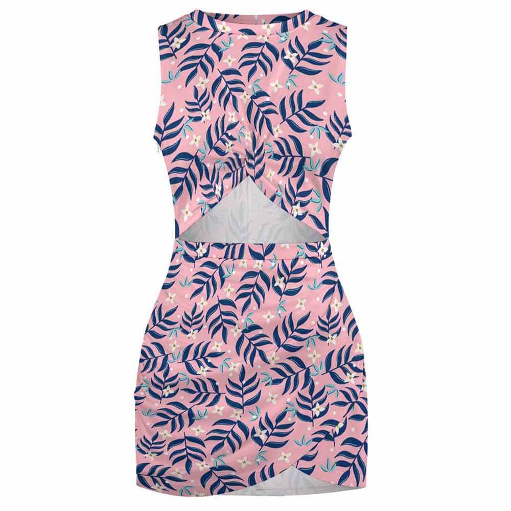 Pink floral navel-baring hip skirt, polyester blend, perfect for summer.
