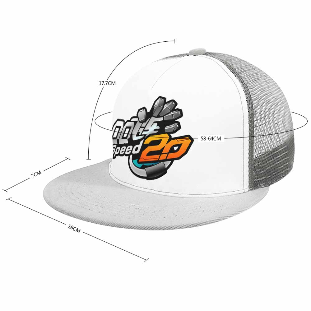 White flat brim baseball cap with 'GO Speed 20' graphic and mesh back, suitable for outdoor sports.