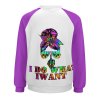 Raglan sweater with "I DO WHAT I WANT" print, purple sleeves, polyester-cotton blend, comfortable fit.