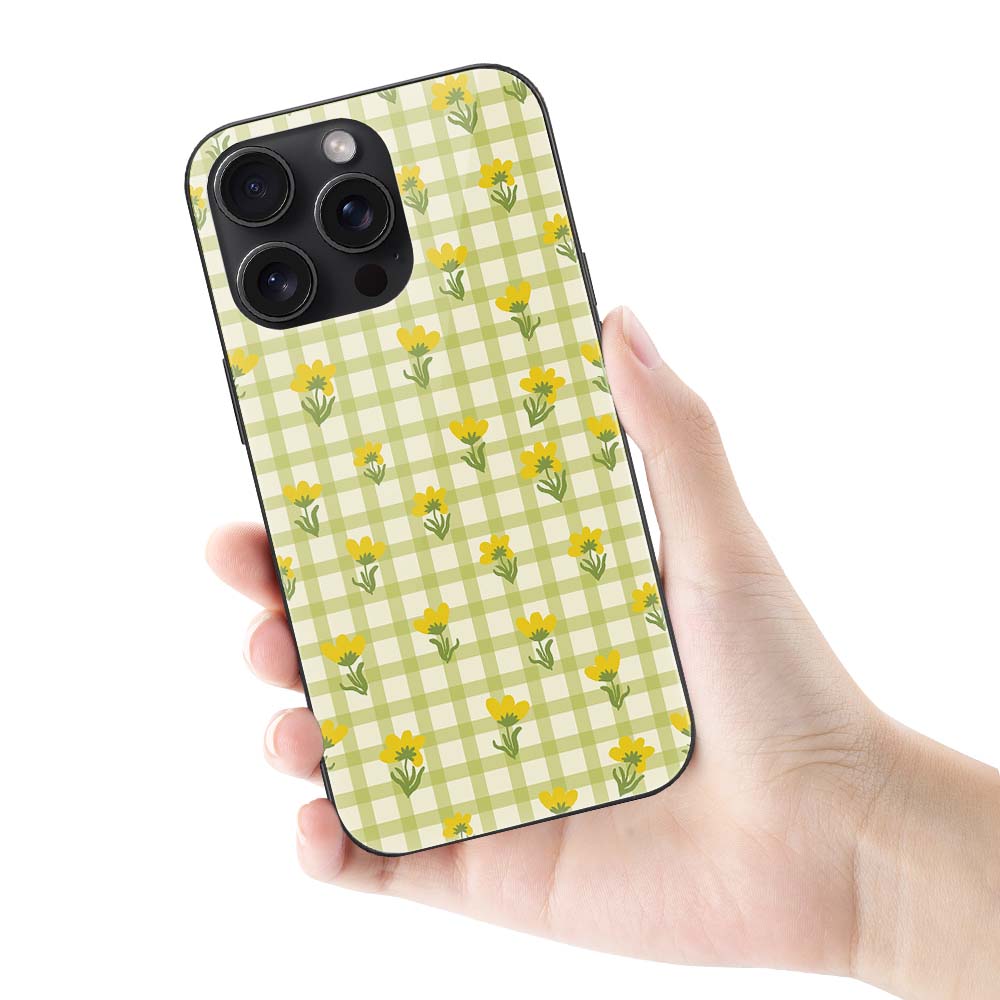 iPhone 15 case with yellow gingham floral pattern, glass and TPU