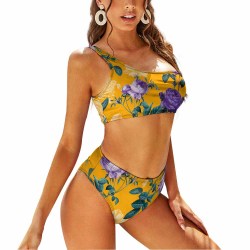 Yellow floral bikini swimsuit, one-shoulder design, perfect for beach and vacation