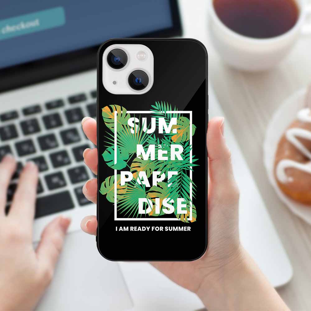 iPhone 13 case with SUMMER PARADISE design, glass back, scratch-resistant, wireless charging compatible.