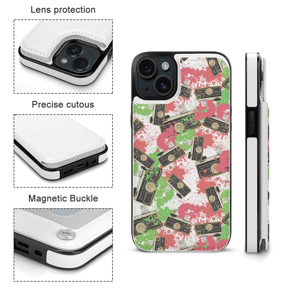 iPhone 15 case with floral print and card slot. TPU leather, full protection design.