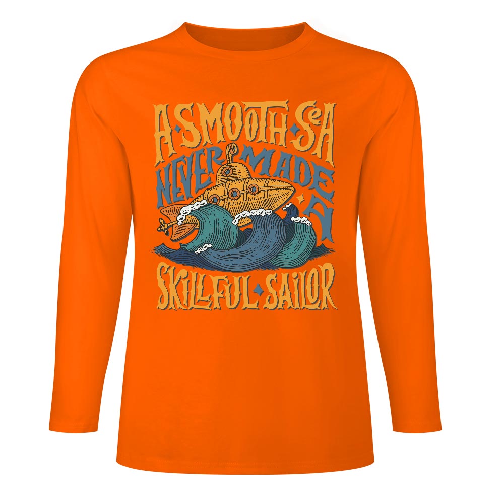 Orange pure cotton long sleeve T-shirt featuring 'A SMOOTH SHAKER' graphic design, casual wear.