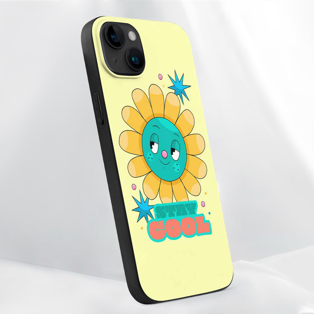 iPhone 15 series case with cartoon sunflower design, TPU material, shockproof protection, featuring 'BE COOL' text.